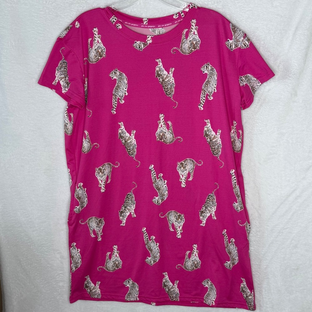 Joyspun Women S/M Pink Tiger Print Sleep Dress Pockets Dreamy Soft Loungewear